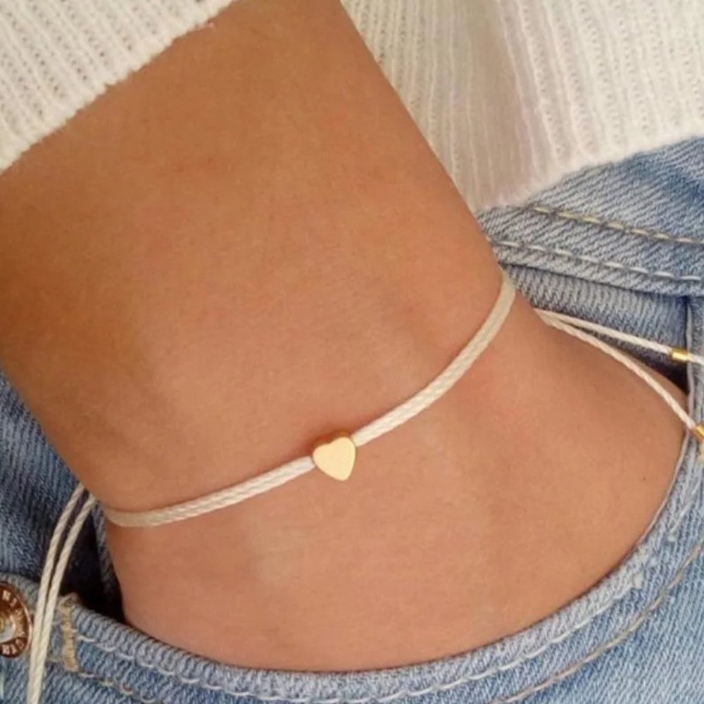 Minimalist Gold Heart Adjustable Slip Knot Rope Bracelet NEW